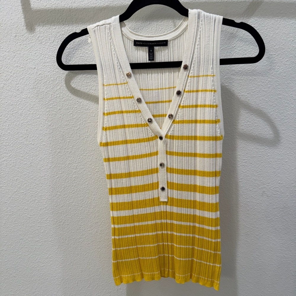 White House Black Market Ribbed Stripe Henley Tank Yellow White Medium - Picture 5 of 8